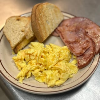 #2) 2 eggs, meat, toast
