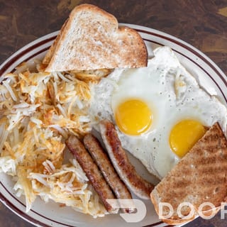 #3) 2 eggs, meat, hashbrowns, toast